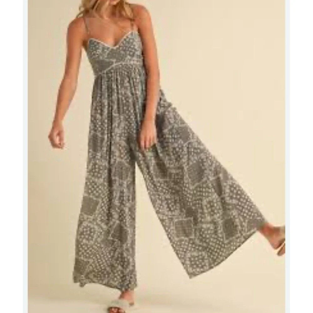 Klesis Printed Sleeveless Jumpsuit Boho Olive Hippie Sz M Wide Relaxed Fit - Picture 1 of 12
